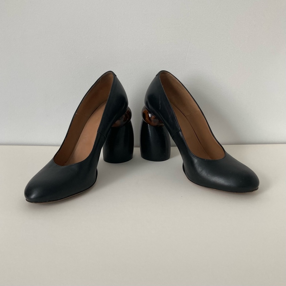 Dries Van Noten Black Leather Pumps with Unique Block Heels 7.5